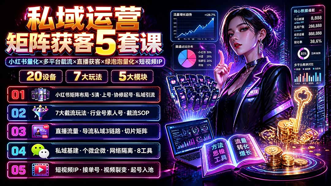 私域运营矩阵获客5套课：小红书量化×多平台截流×直播获客×绿泡泡量化×短视频IP×20设备×7大玩法-hcnxn