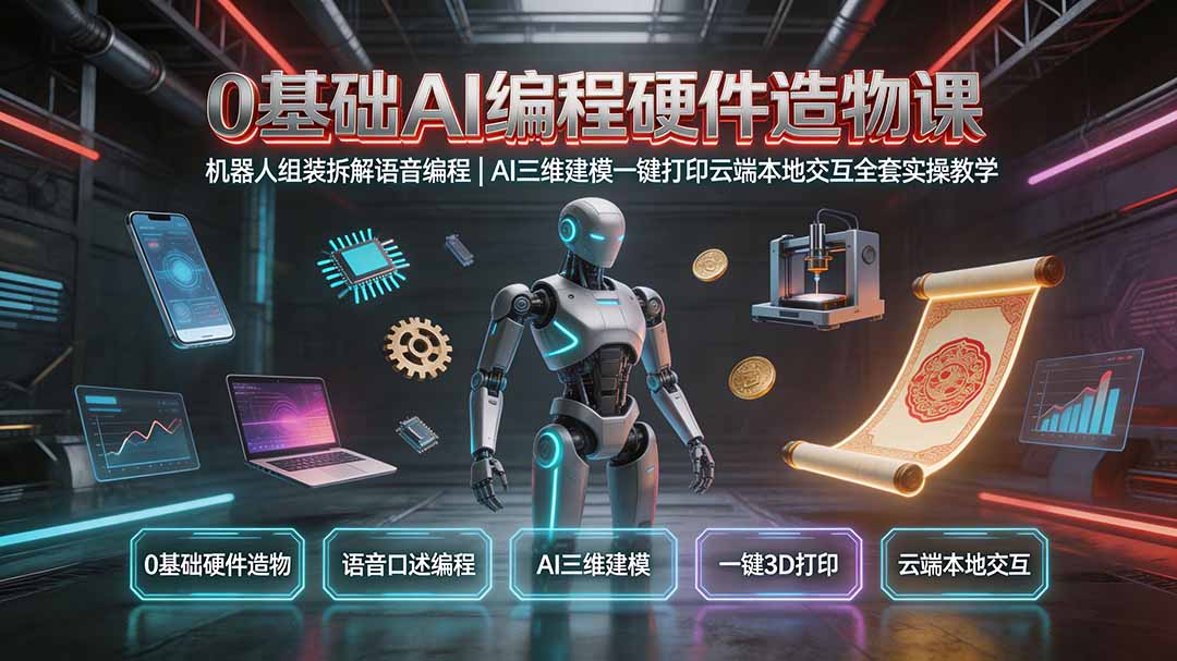 0基础AI编程硬件造物课｜机器人组装拆解语音编程，AI三维建模一键打印云端本地交互全套实操教学-hcnxn