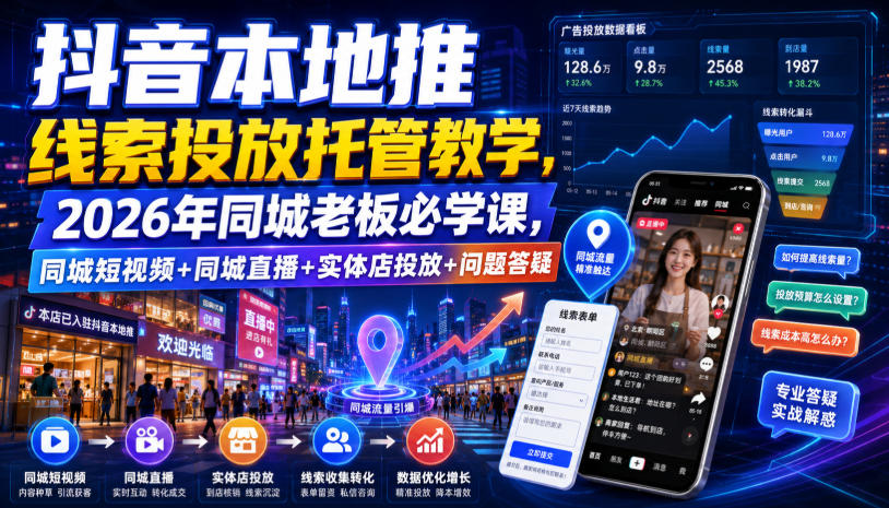 抖音本地推线索投放托管教学，2026年同城老板必学课，同城短视频+同城直播+实体店投放+问题答疑-hcnxn