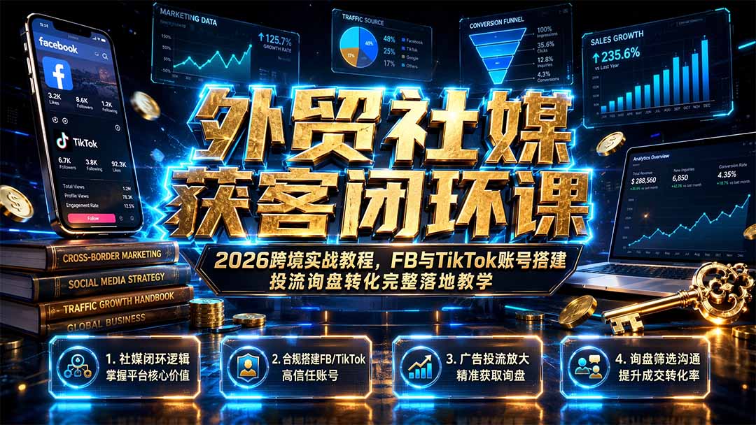 外贸社媒获客闭环课｜2026跨境实战教程，FB与TikTok账号搭建投流询盘转化完整落地教学-hcnxn