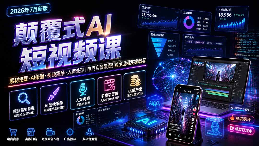 颠覆式AI短视频课｜素材挖掘，AI修图，视频重绘，人声处理｜电商实体带货引流全流程实操教学-hcnxn