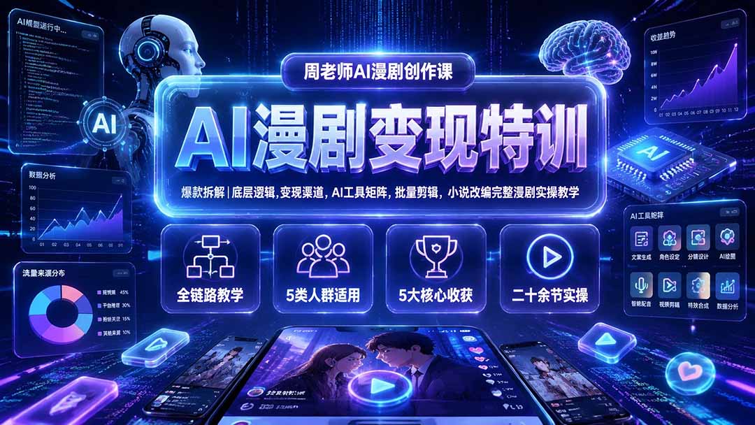 AI漫剧变现特训★爆款拆解｜底层逻辑，变现渠道，AI工具矩阵，批量剪辑，小说改编完整漫剧实操教学-hcnxn