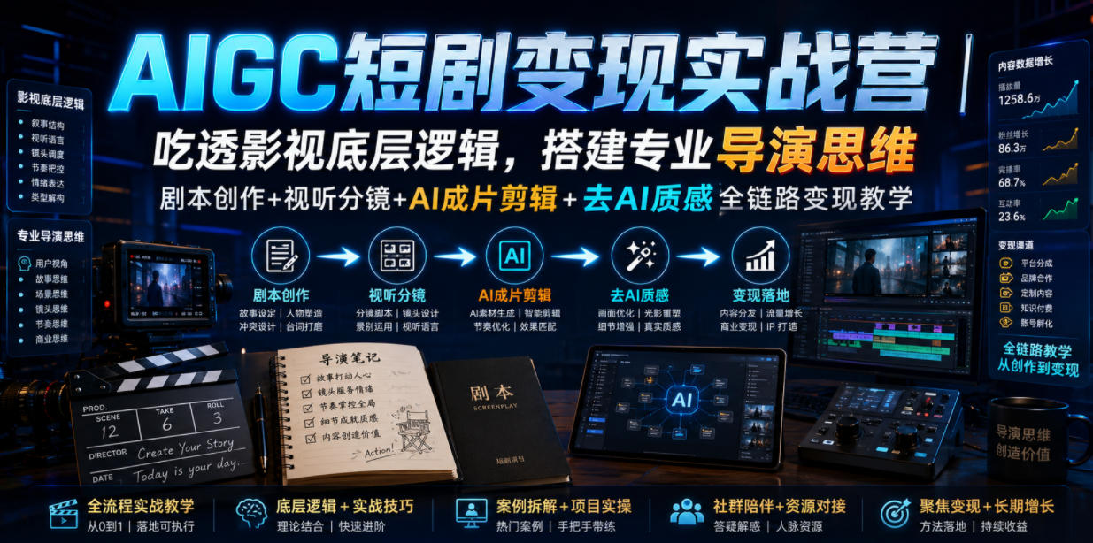 AIGC短剧变现实战营｜吃透影视底层逻辑，搭建专业导演思维，剧本创作+视听分镜+AI成片剪辑+去AI质感全链路变现教学-hcnxn