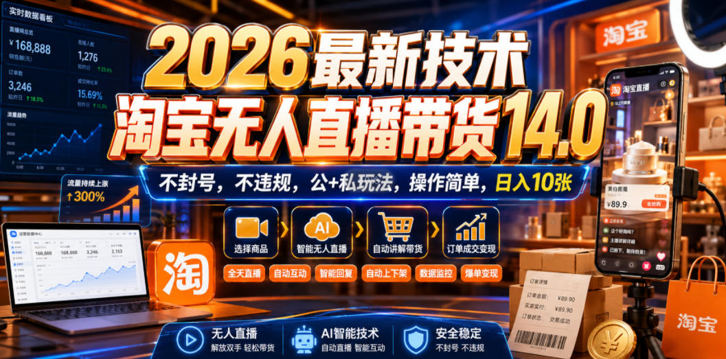 2026最新技术，淘宝无人直播带货14.0，不封号，不违规，公+私玩法，操作简单，日入10张【揭秘】-hcnxn