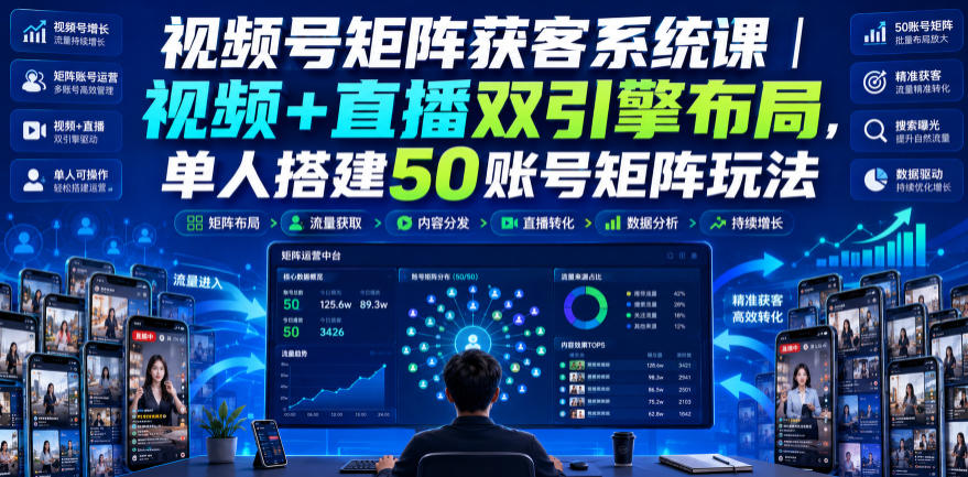 视频号矩阵获客系统课｜视频+直播双引擎布局，单人搭建50账号矩阵玩法，流量入池、搜索占位、全域引流沉淀私域全流程教学-hcnxn