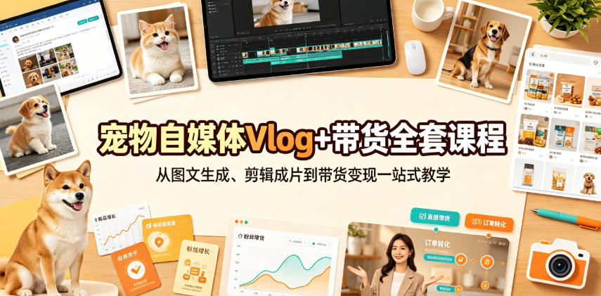 宠物自媒体Vlog+带货全套课程｜从图文生成、剪辑成片到带货变现一站式教学-hcnxn