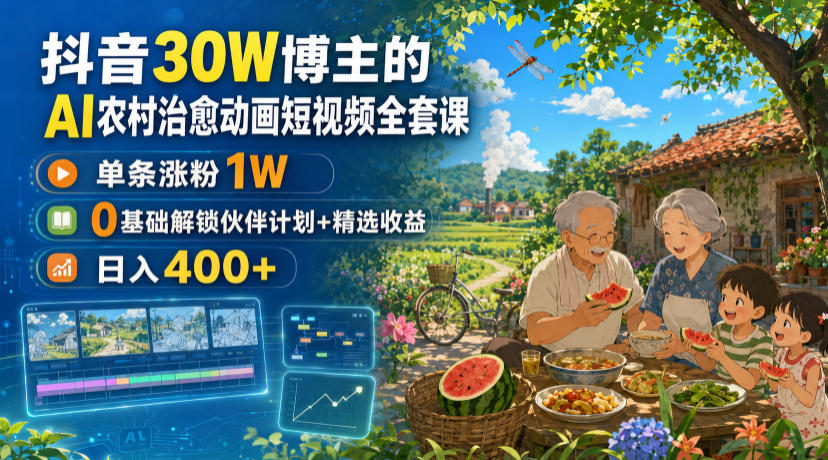 抖音30W博主的AI农村治愈动画短视频全套课｜单条涨粉1W，0基础解锁伙伴计划+精选收益，日入400+-hcnxn