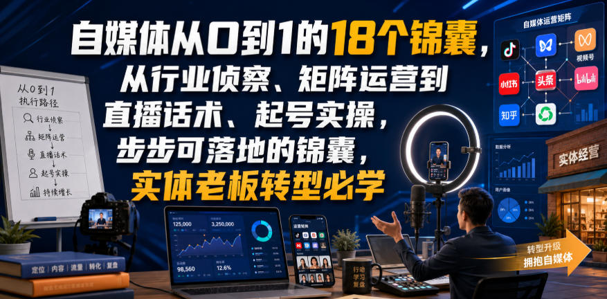 自媒体从0到1的18个锦囊，从行业侦察、矩阵运营到直播话术、起号实操，步步可落地的锦囊，实体老板转型必学-hcnxn