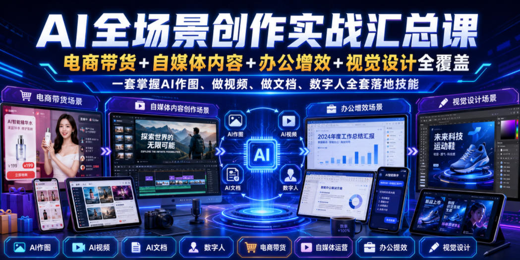 AI全场景创作实战汇总课｜电商带货+自媒体内容+办公增效+视觉设计全覆盖，一套掌握AI作图、做视频、做文档、数字人全套落地技能-hcnxn