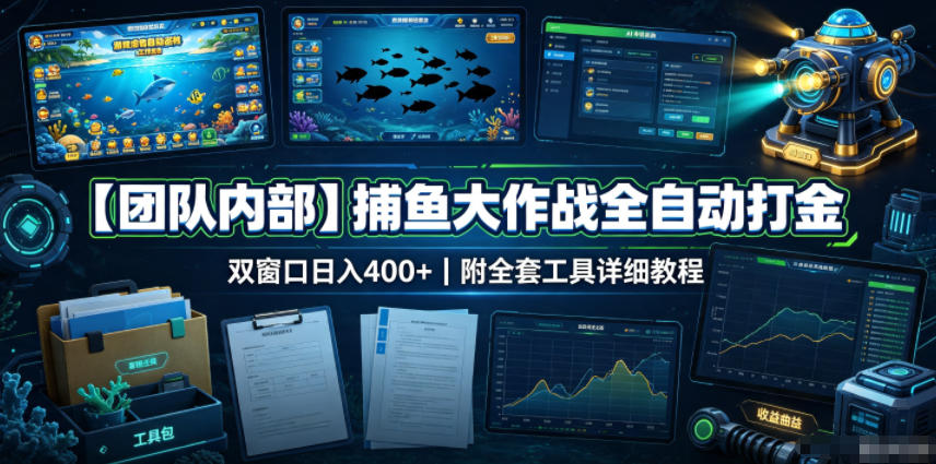 【团队内部】捕鱼大作战全自动打金，双窗口日入400+，附全套工具详细教程【揭秘】-hcnxn