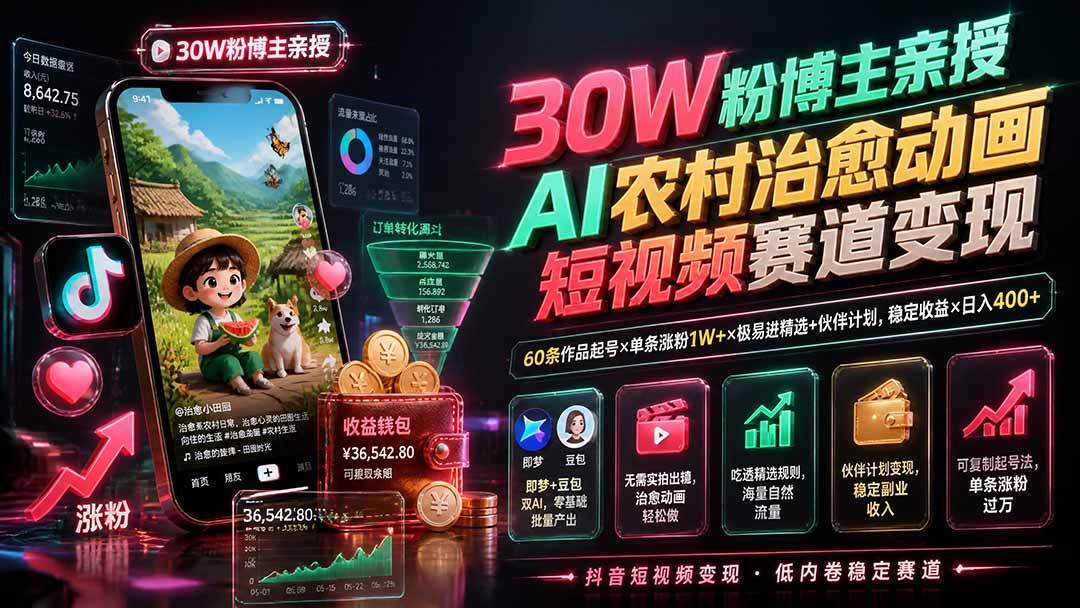 30W粉博主亲授AI农村治愈动画短视频赛道变现：60条作品起号×单条涨粉1W+×极易进精选+伙伴计划，稳定收益×日入400+-hcnxn