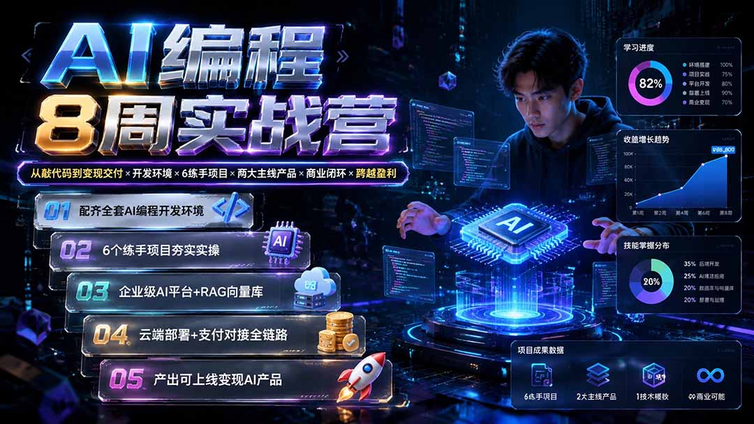 AI编程8周实战营：从敲代码到变现交付×开发环境×6练手项目×两大主线产品×商业闭环×跨越盈利-hcnxn