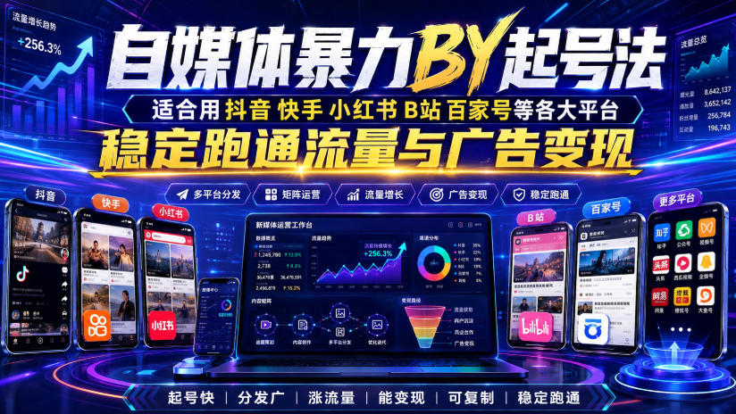 自媒体暴力搬运起号法，适合用抖音快手小红书B站百家号等各大平台，稳定跑通流量与广告变现-hcnxn