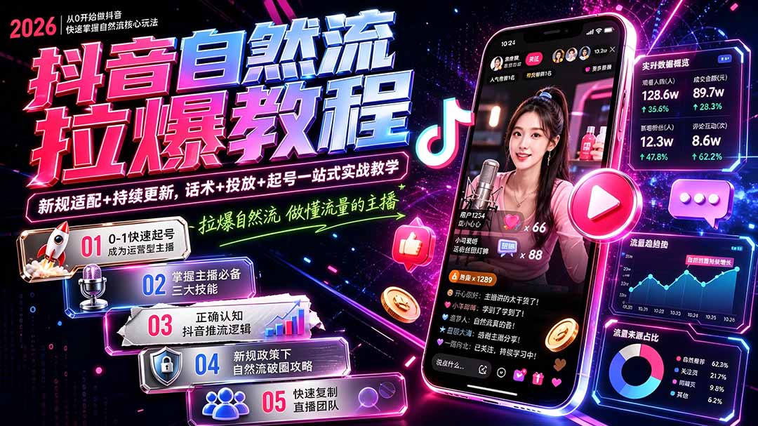 抖音自然流拉爆教程-更新7月：做懂流量的主播，新规适配+持续更新，话术+投放+起号一站式实战教学-hcnxn