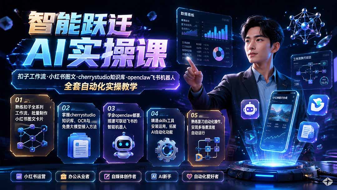 智能跃迁 AI实操课｜扣子工作流小红书图文搭建，cherrystudio知识库openclaw飞书机器人全套自动化实操教学-hcnxn