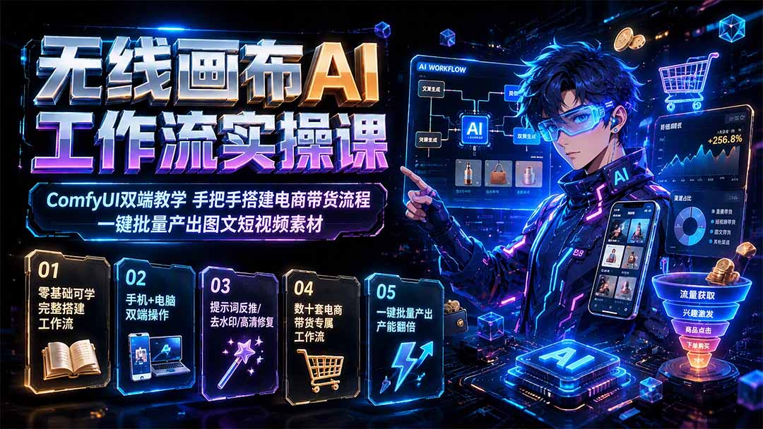 无线画布AI工作流实操课｜ComfyUI双端教学，手把手搭建电商带货流程，一键批量产出图文短视频素材-hcnxn