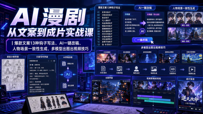 AI漫剧从文案到成片实战课｜爆款文案13种钩子写法、AI一键改稿、人物场景一致性生成、多模型出图出视频技巧-hcnxn