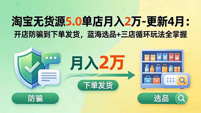 淘宝无货源5.0单店月入2万-更新2026：开店防骗到下单发货，蓝海选品+三店循环玩法全掌握-hcnxn