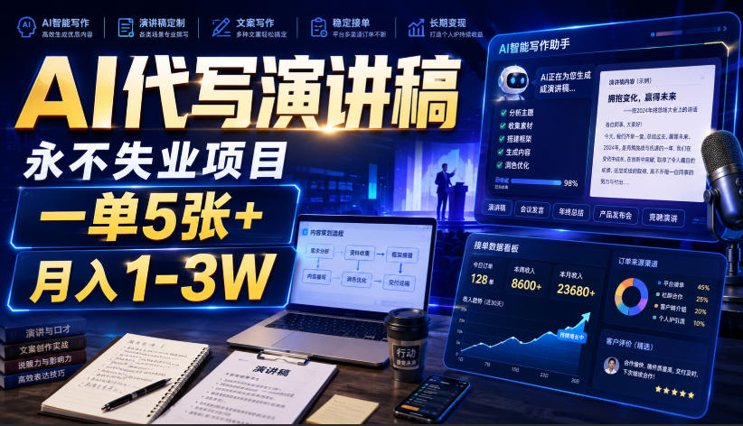AI代写演讲稿，永不失业项目，一单5张+，月入1-3W【揭秘】-hcnxn