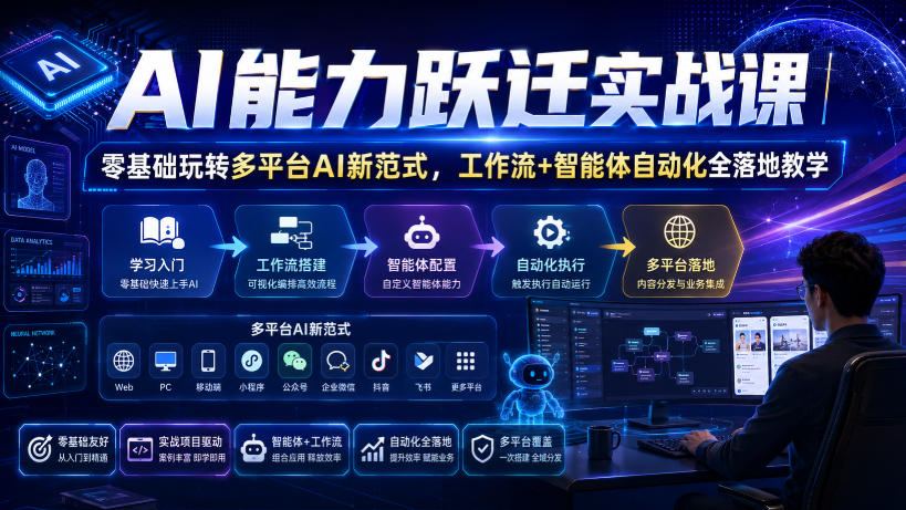 AI能力跃迁实战课｜零基础玩转多平台AI新范式，工作流+智能体自动化全落地教学-hcnxn