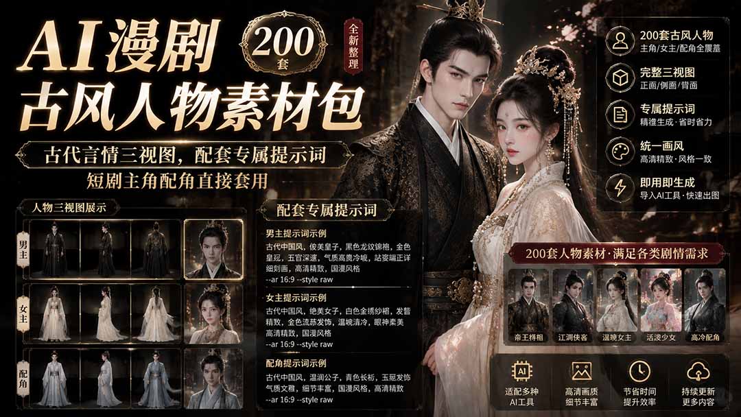 AI漫剧古风人物素材包+提示词｜200 套古代言情三视图，配套专属提示词短剧主角配角直接套用-hcnxn