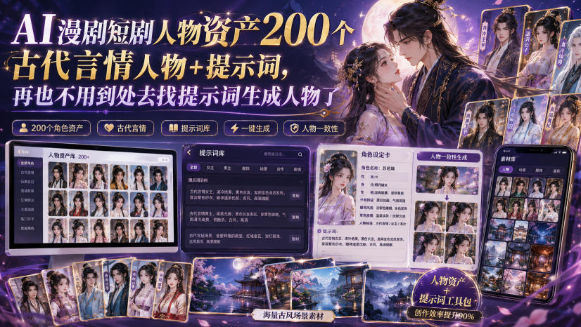 AI漫剧短剧人物资产200个古代言情人物+提示词，再也不用到处去找提示词生成人物了-hcnxn