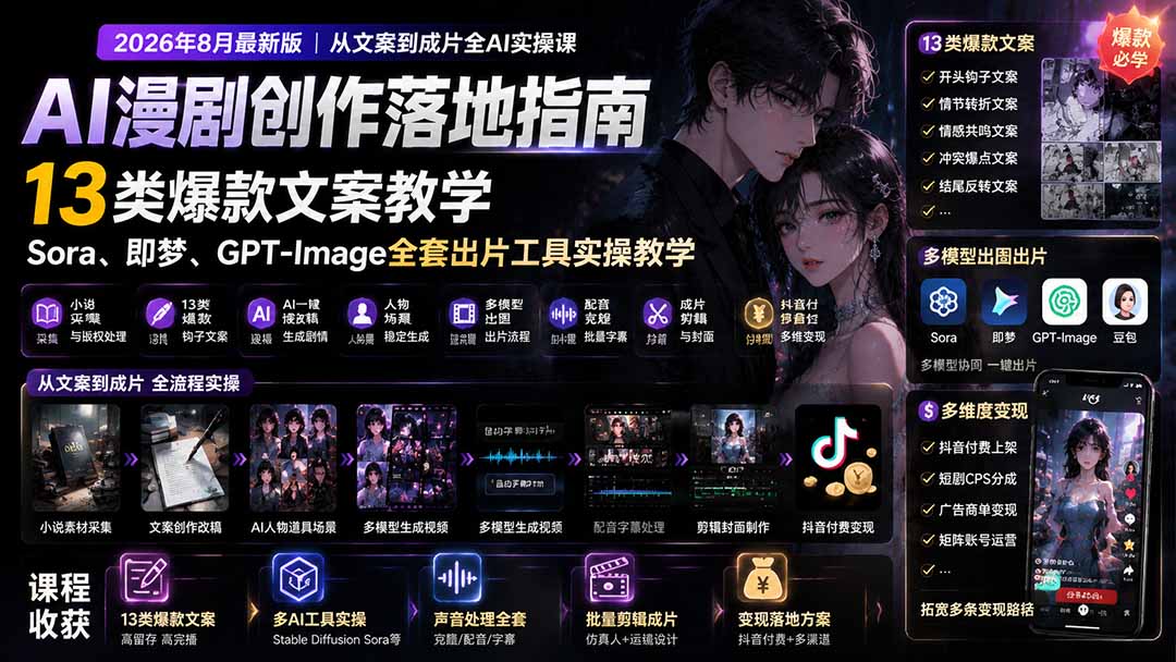AI漫剧创作落地指南｜13类爆款文案教学，Sora、即梦、GPT-Image全套出片工具实操教学-hcnxn