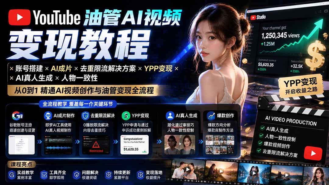 YouTube油管AI视频变现教程：账号搭建×AI成片×去重限流解决方案×YPP变现×AI真人生成×人物一致性-hcnxn