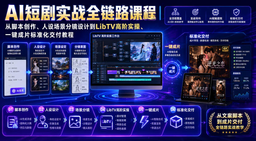 AI短剧实战全链路课程｜从脚本创作、人设场景分镜设计到LibTV高阶实操、一键成片标准化交付教程-hcnxn