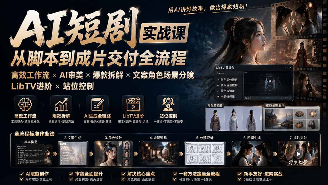 AI短剧实战课：高效工作流×AI审美×爆款拆解×文案角色场景分镜×LibTV进阶×站位控制×从脚本到成片交付全流程-hcnxn