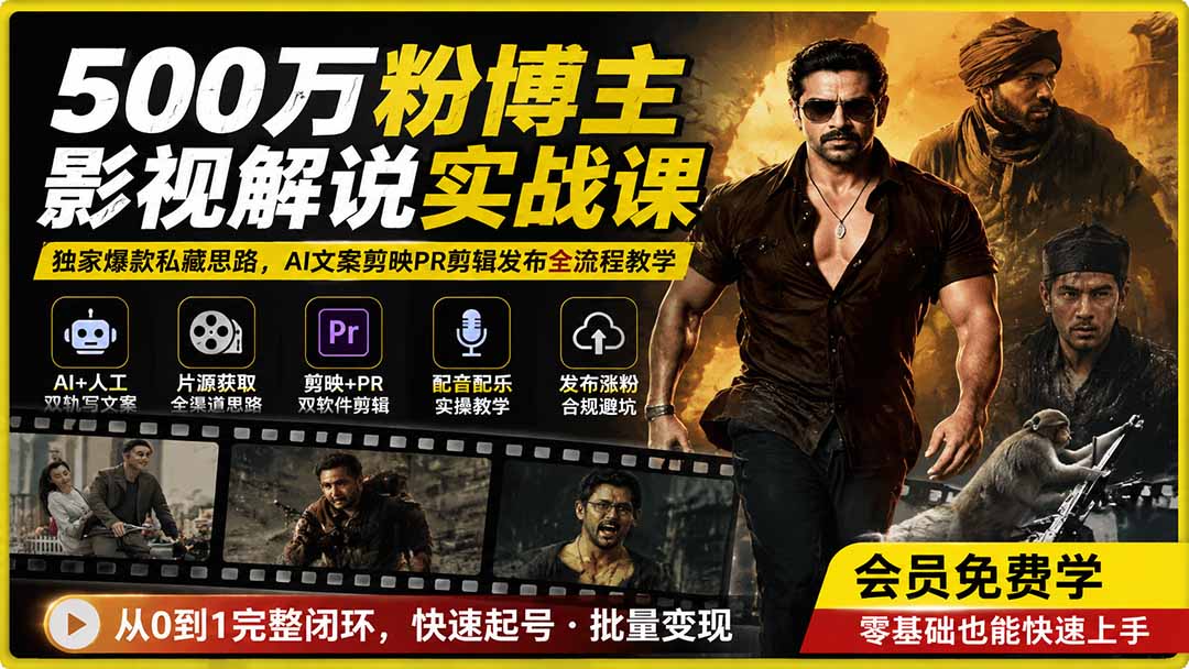 500万粉博主影视解说实战课｜独家爆款私藏思路，AI文案剪映PR剪辑发布全流程教学-hcnxn
