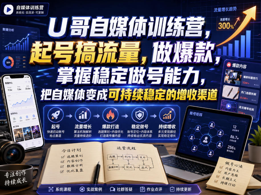 U哥自媒体训练营，起号搞流量，做爆款，掌握稳定做号能力，把自媒体变成可持续稳定的增收渠道-hcnxn