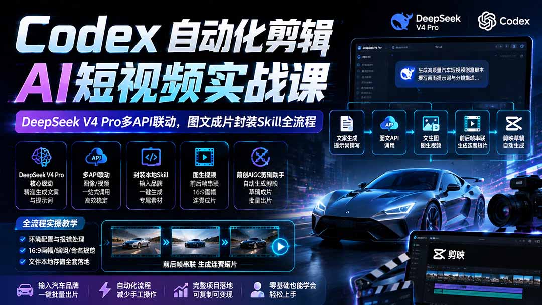 Codex自动化剪辑AI短视频实战课｜DeepSeek V4 Pro多API联动，图文成片封装Skill全流程-hcnxn