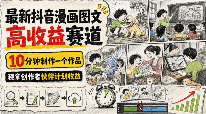 最新抖音漫画图文高收益赛道，10分钟制作一个作品，稳拿创作者伙伴计划收益-hcnxn