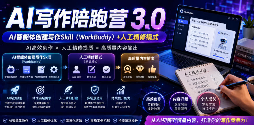 AI写作陪跑营3.0，Ai智能体创建写作skill(workbuddy)+人工手写模式(手搓模式)，去除AI痕迹(头条号、公众号、百家号)(更新0806)-hcnxn