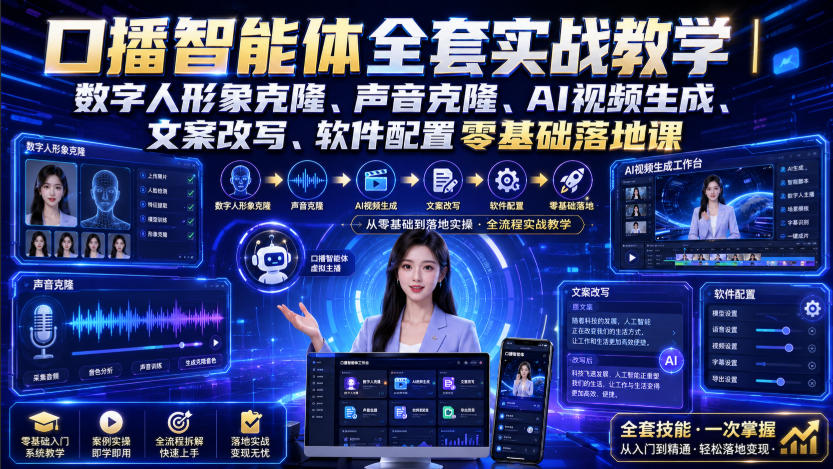 口播智能体全套实战教学｜数字人形象克隆、声音克隆、AI视频生成、文案改写、软件配置零基础落地课-hcnxn