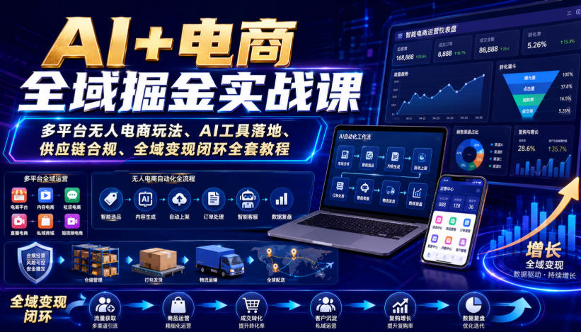 AI+电商全域掘金实战课｜多平台无人电商玩法、AI工具落地、供应链合规、全域变现闭环全套教程-hcnxn