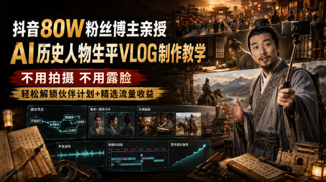 抖音80W粉丝博主的AI历史人物生平VLOG教学，不用拍摄不用露脸，AI帮你搞定，轻松解锁伙伴计划+精选收益-hcnxn