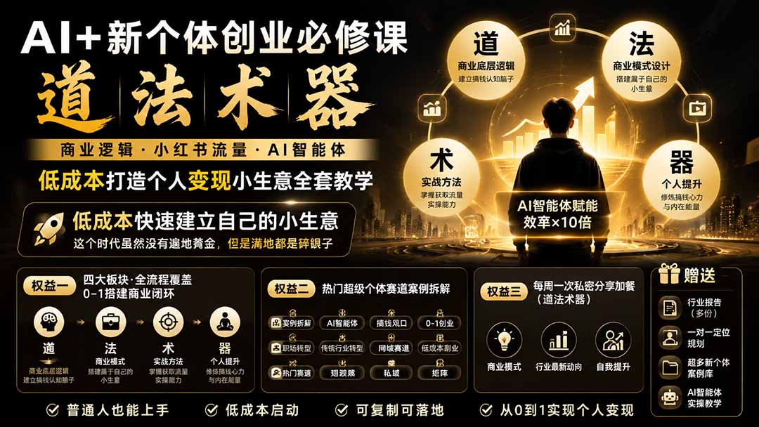 AI+新个体创业必修课｜道法术器｜商业逻辑·小红书流量·AI智能体｜低成本打造个人变现小生意全套教学-hcnxn