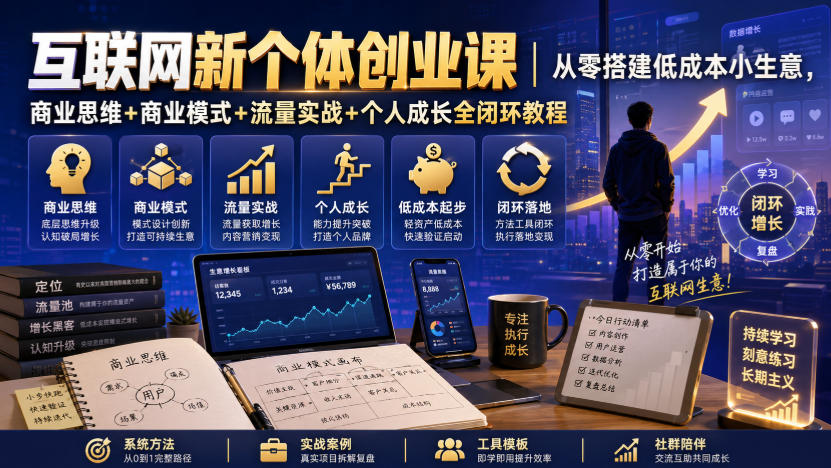 互联网新个体创业课｜从零搭建低成本小生意，商业思维+商业模式+流量实战+个人成长全闭环教程-hcnxn