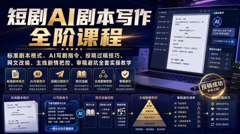 短剧AI剧本写作全阶课程｜标准剧本格式、AI写剧指令、投稿过稿技巧、网文改编、主线剧情把控、审稿避坑全套实操教学-hcnxn