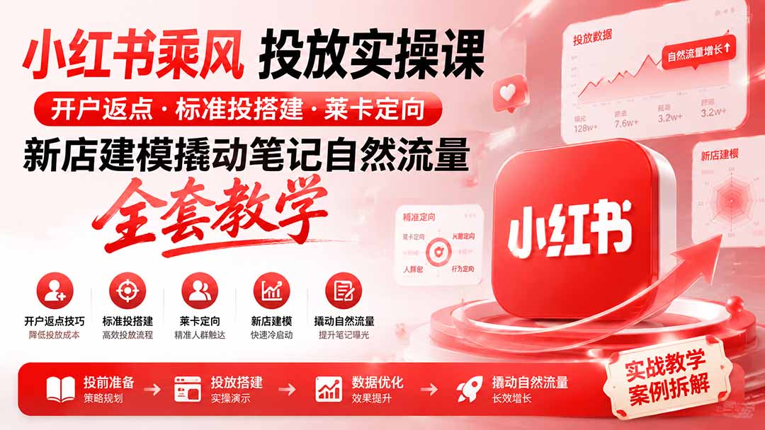 小红书乘风投放-100分钟实操课｜开户返点·标准投搭建·莱卡定向，新店建模撬动笔记自然流量全套教学-hcnxn
