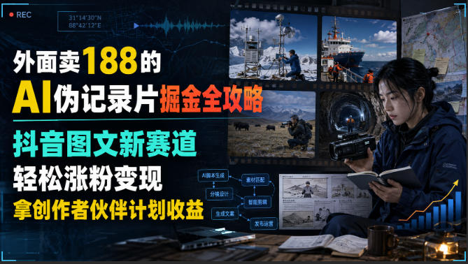 外面卖188的AI伪记录片掘金全攻略，抖音图文新赛道，轻松涨粉变现，拿创作者伙伴计划收益【文档】-hcnxn