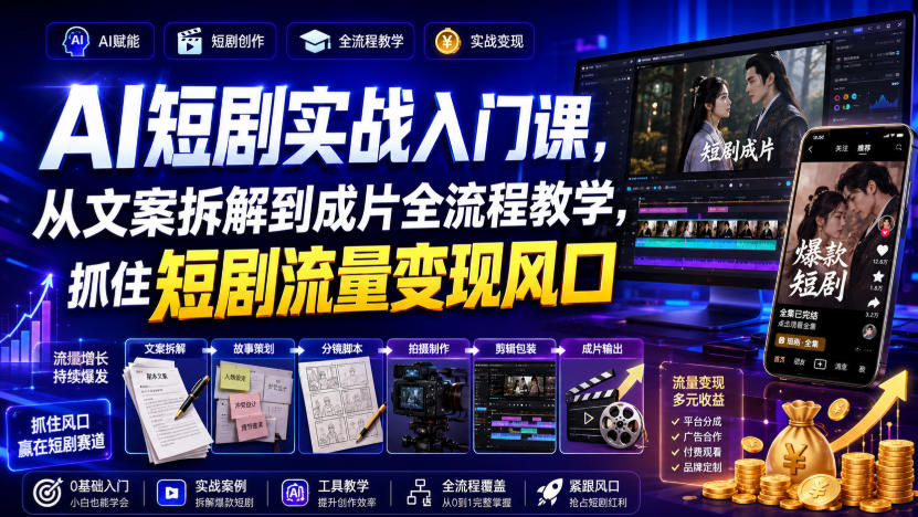 AI短剧实战入门课，从文案拆解到成片全流程教学，抓住短剧流量变现风口-hcnxn