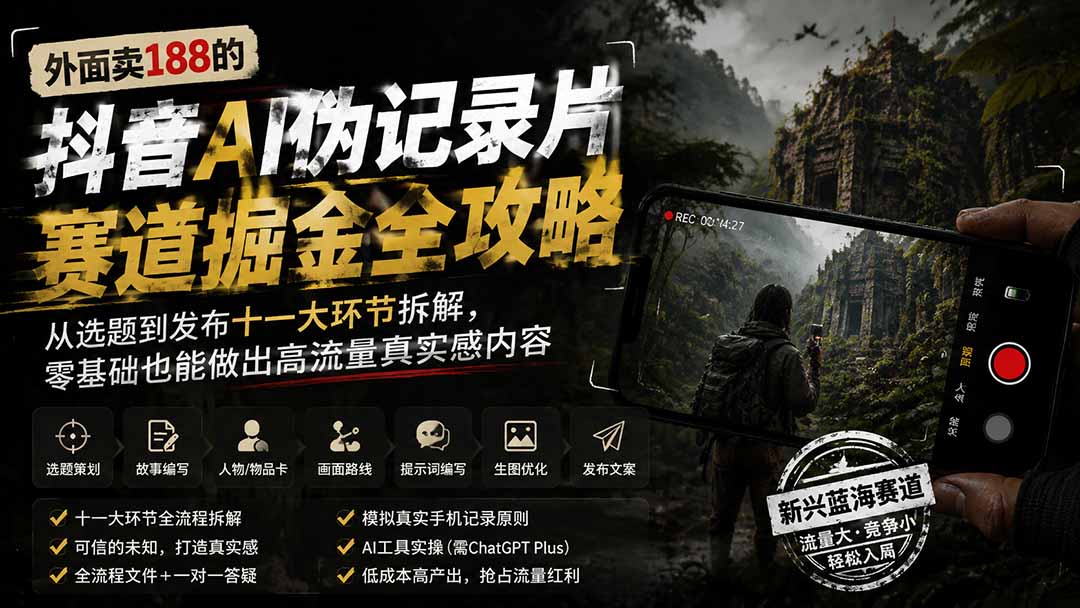 外面卖188的抖音AI伪记录片赛道掘金全攻略；从选题到发布十一大环节拆解，零基础也能做出高流量真实感内容-hcnxn
