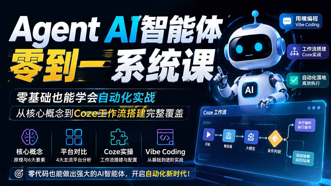Agent AI智能体零到一系统课；零基础也能学会自动化实战，从核心概念到Coze工作流搭建完整覆盖-hcnxn