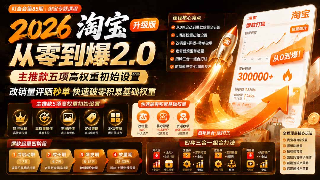 2026淘宝从零到爆2.0第85期；主推款五项高权重初始设置，改销量评晒秒单快速破零积累基础权重-hcnxn