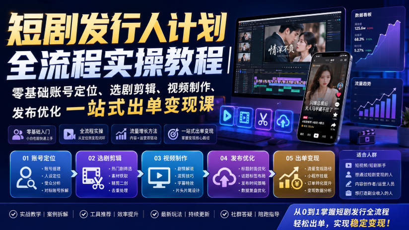 短剧发行人计划全流程实操教程｜零基础账号定位、选剧剪辑、视频制作、发布优化一站式出单变现课​-hcnxn
