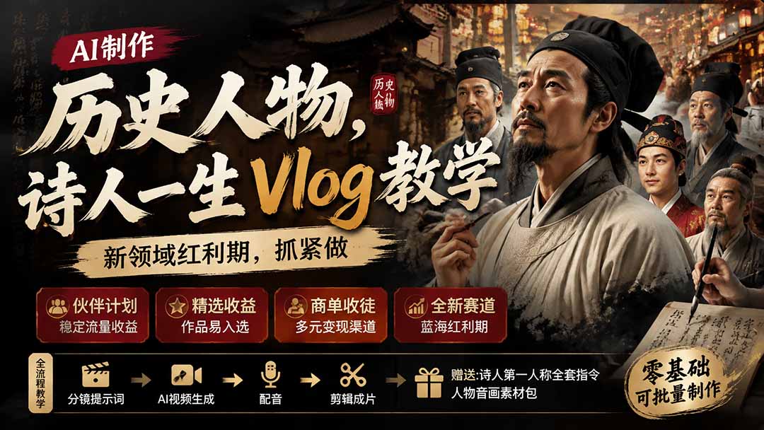 历史人物，诗人一生Vlog教学， AI制作丨伙伴计划丨精选收益丨商单收徒 ，新领域红利期，抓紧做-hcnxn