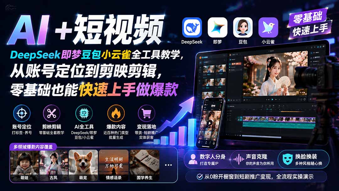 AI+短视频｜DeepSeek即梦豆包小云雀全工具教学，从账号定位到剪映剪辑，零基础也能快速上手做爆款-hcnxn